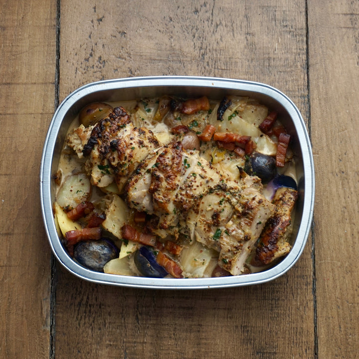 Roasted Chicken Thighs with Smoked Bacon, Braised Cabbage & Potatoes: Serves 2