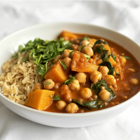 Bowl of chickpea and sweet potato curry with rice on a white background