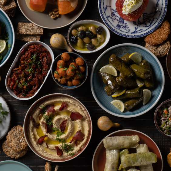 Assorted Turkish mezze dishes on a dining table