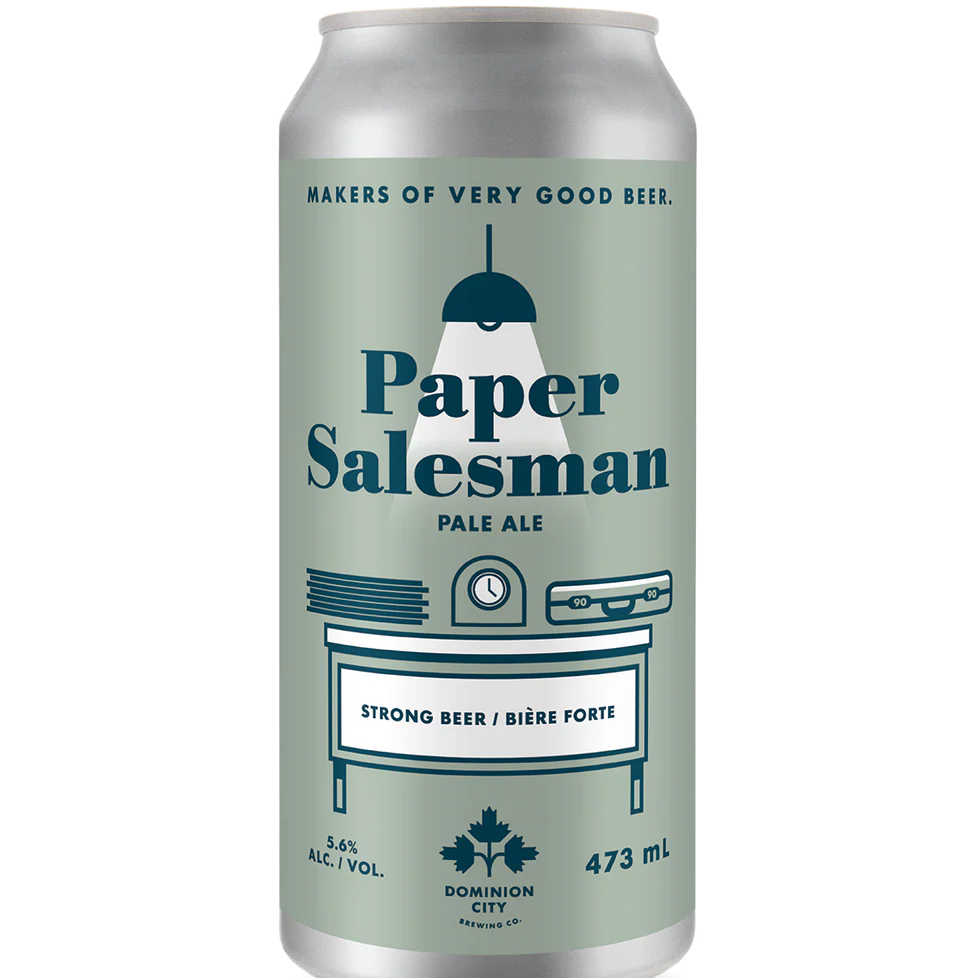 Beer can labeled 'Paper Salesman Pale Ale' on a white background