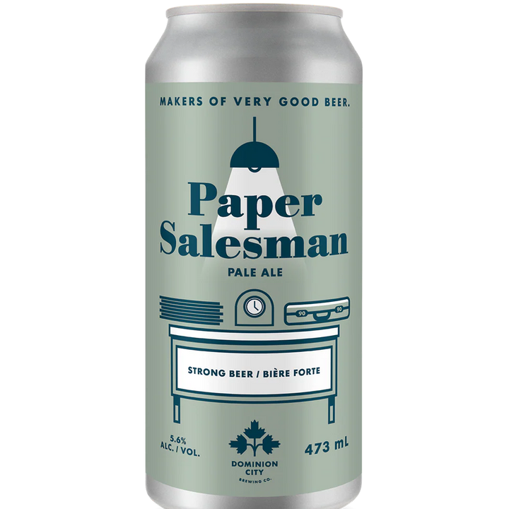 Beer can labeled 'Paper Salesman Pale Ale' on a white background
